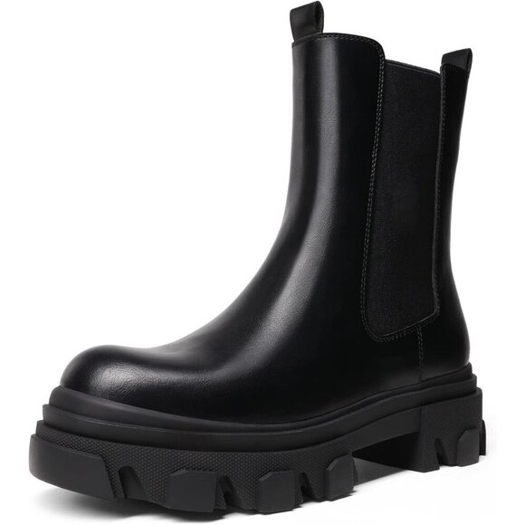 Shoes - Women's Black PU Platform Chelsea Lug Sole Combat Mid Calf Slip On Ankle Boot